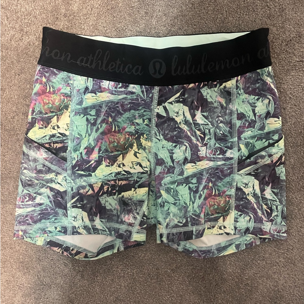 Lululemon Biker Shorts with Pockets (Teal/Purple/White)
